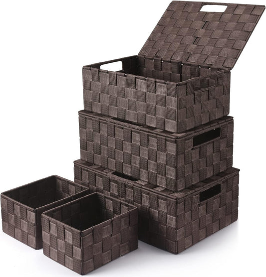 Storage Bins Baskets for Organizing with Lids, Storage Baskets for Shelves Stackable Woven Basket