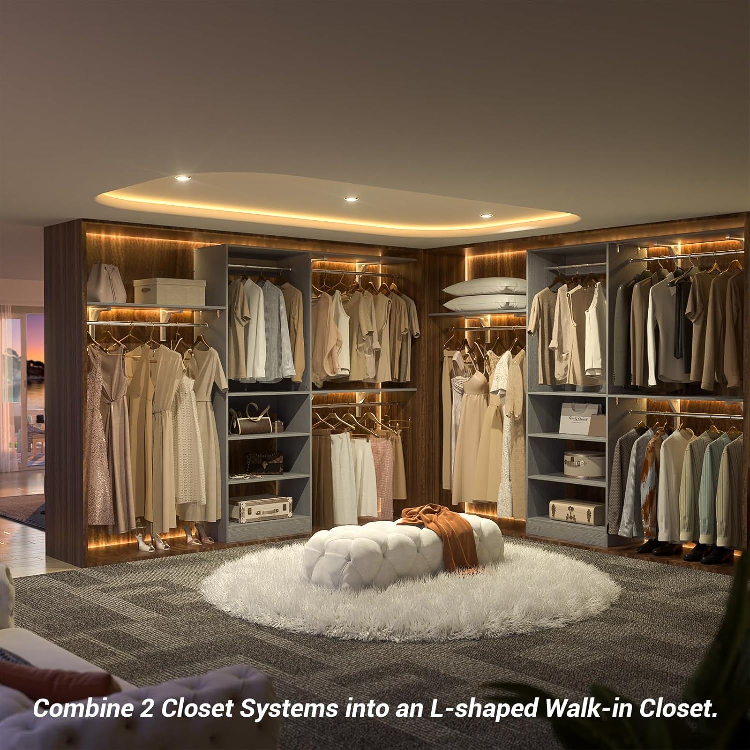 8FT Closet System with Shelves, 96'' Closet Organizer System with 3 Hanging Rods, Wall Mount