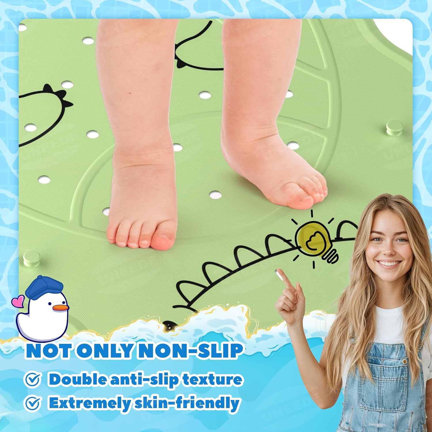 UNEEDE Dinosaur Kids Bathtub Mat - Extra Thick Rubber Shower Mat for Toddlers, 30"x18" Bath Mat