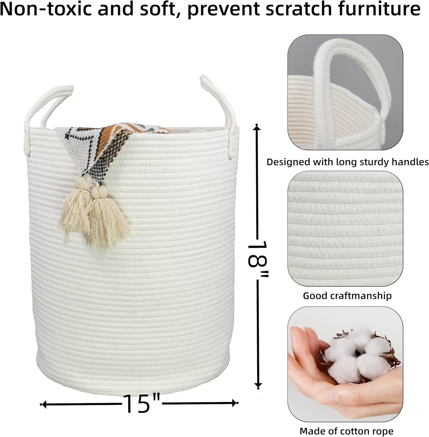 Cotton Rope Laundry Basket Hamper for Clothes Decorative Woven Storage Basket for Living Room