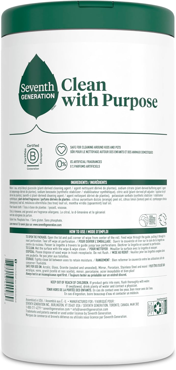 Seventh Generation Multi Surface Wipes, Pack of 3, for all purpose cleaning, lemon zest scent with