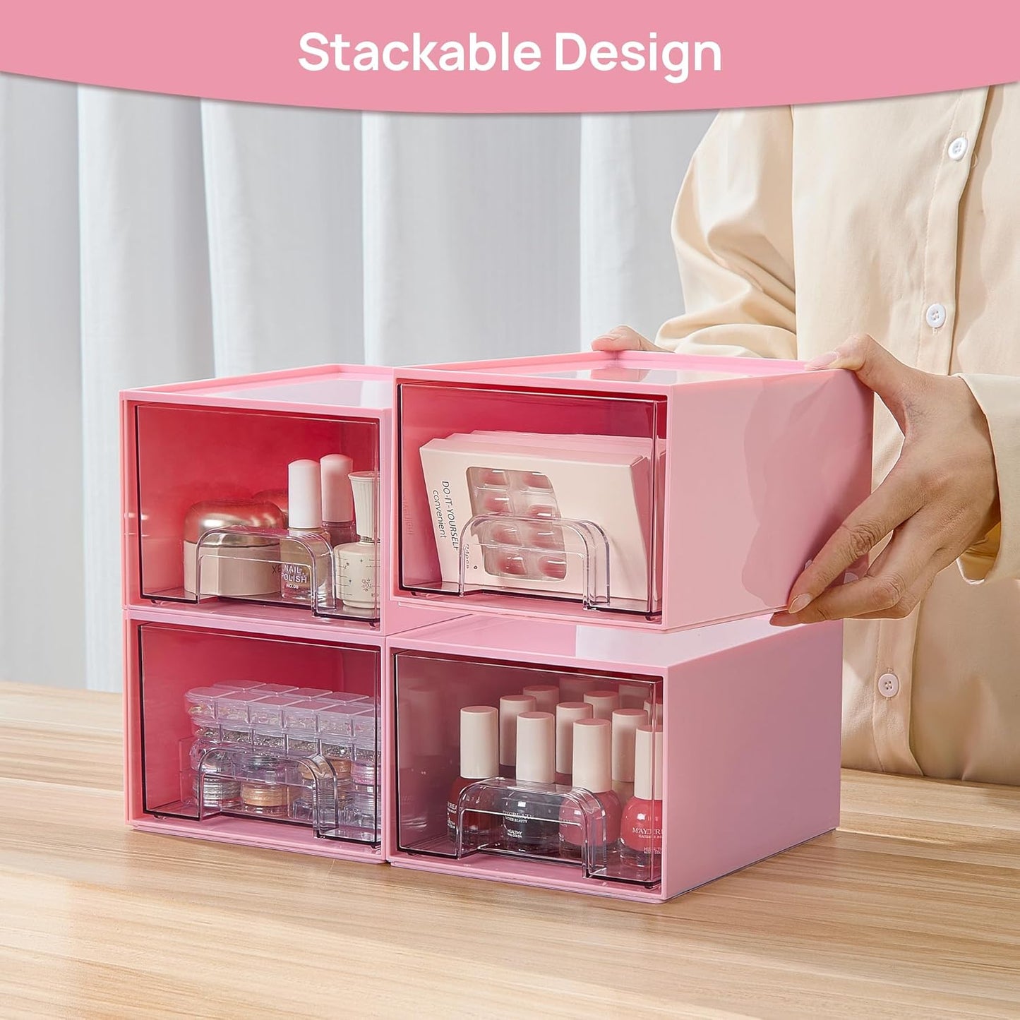Vtopmart 4Pack Small Stackable Storage Drawers, Bathroom Makeup Organizer,Plastic Storage Bins For