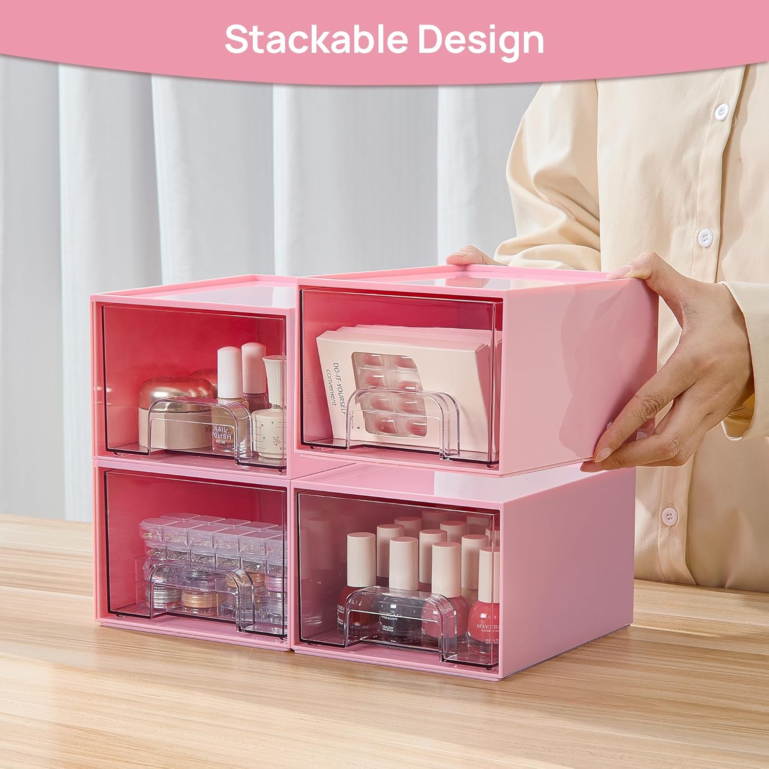 Vtopmart 4Pack Small Stackable Storage Drawers, Bathroom Makeup Organizer,Plastic Storage Bins For