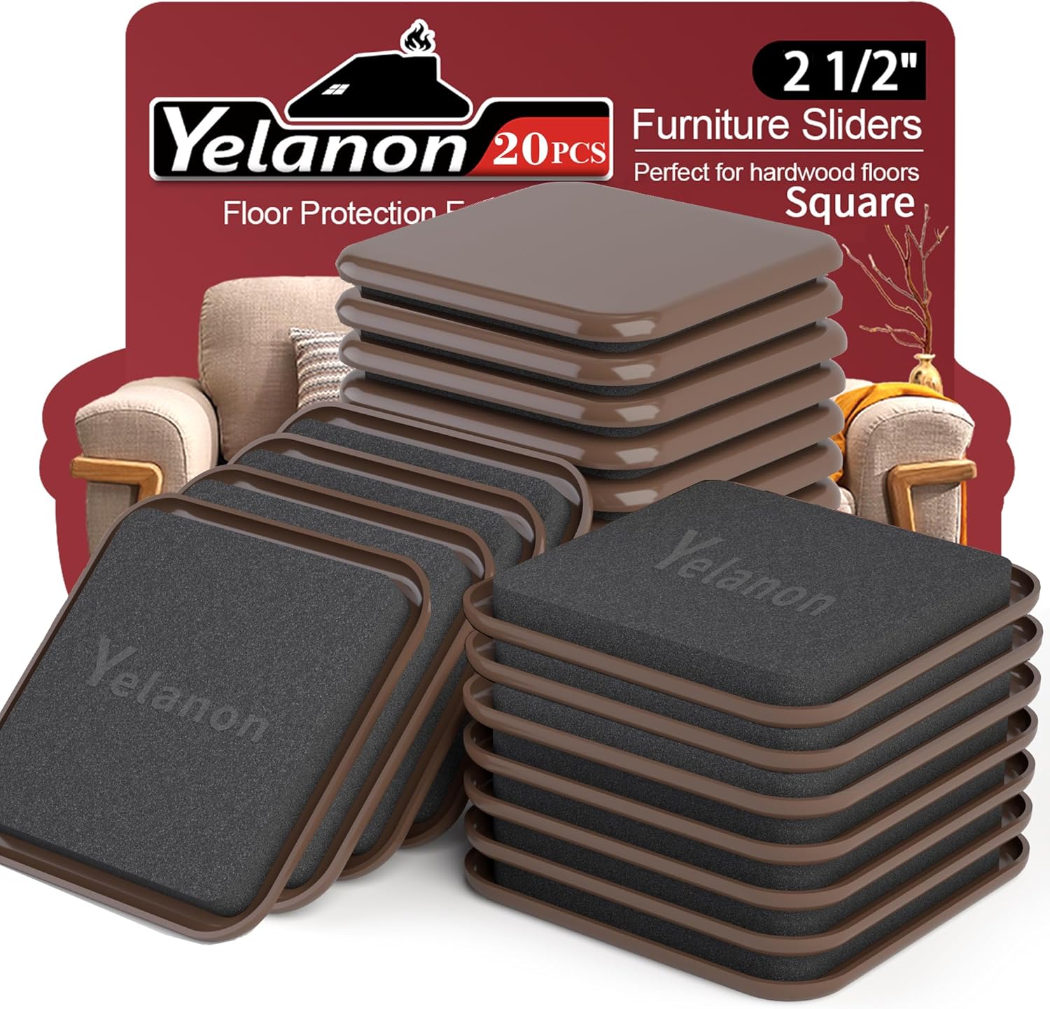 Yelanon Square Furniture Sliders – 20 PCS 2.5" Floor Protectors for Furniture – Strong Furniture