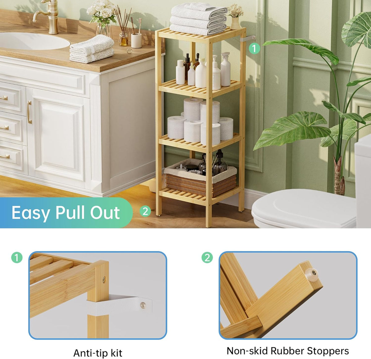 SMIBUY Bathroom Storage Shelf, 5-Tier Bamboo Rack Organizer, Multifunctional Shelving Unit for