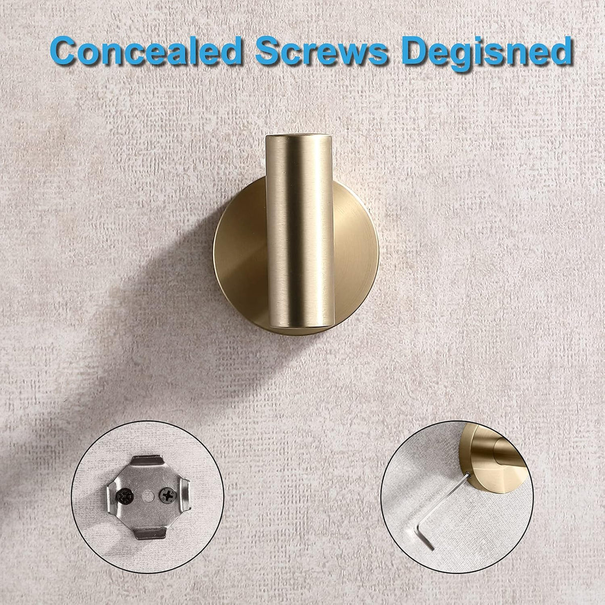 TASTOS Brushed Gold Bathroom Towel Coat Hook Stainless Steel, 2 Pack Robe Clothes Cabinet Closet