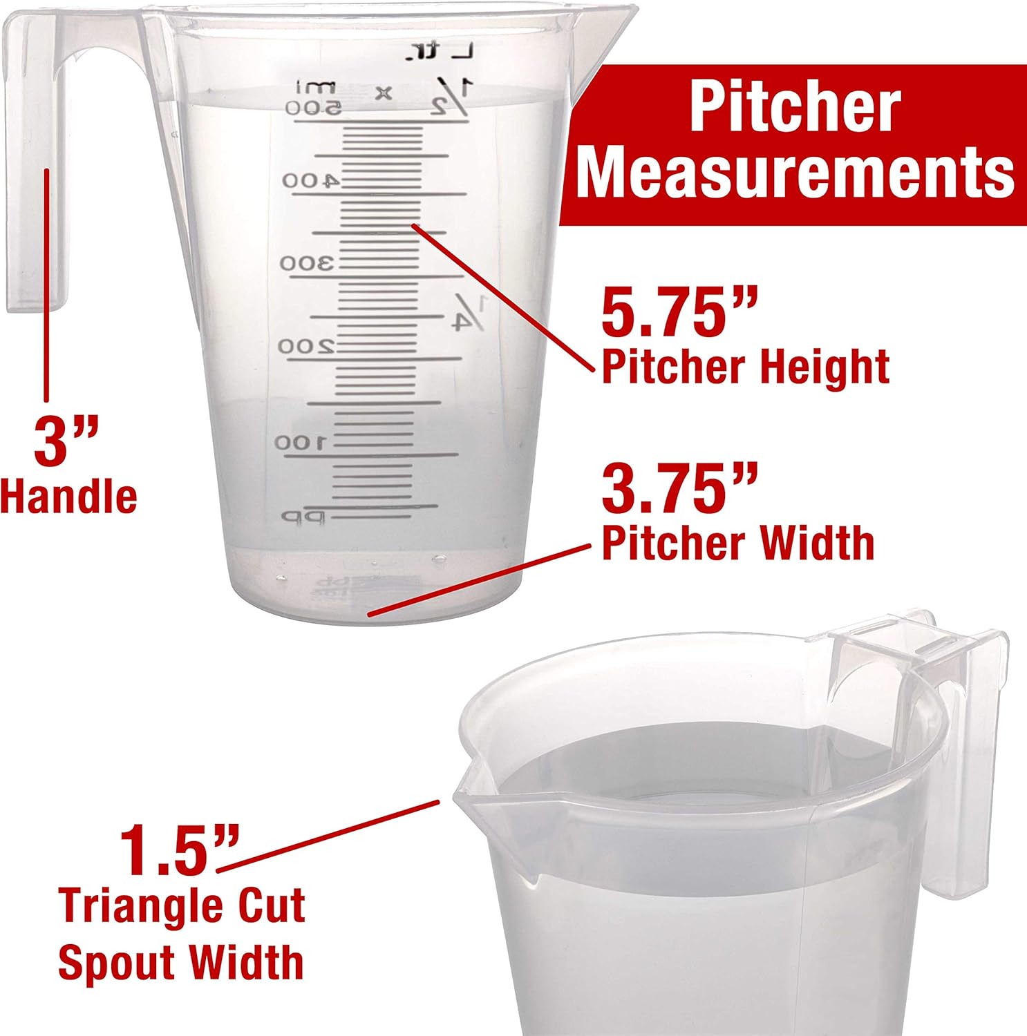 TCP Global 1/2 Liter (500ml) Plastic Graduated Measuring and Mixing Pitcher (Pack of 6) - Holds