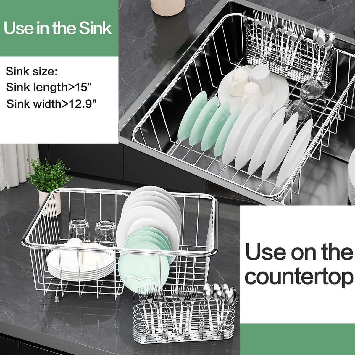 Large Dish Drainer Rack in Sink Adjustable, Expandable 304 Stainless Steel Metal Dish Drying Rack
