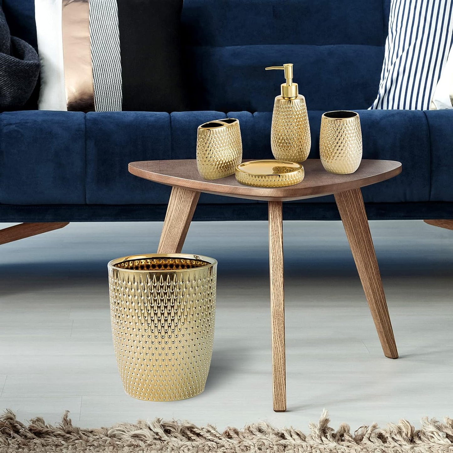 Modern Golden Small Trash Can Wastebasket, Garbage Container Bin for Bathrooms, Powder Rooms