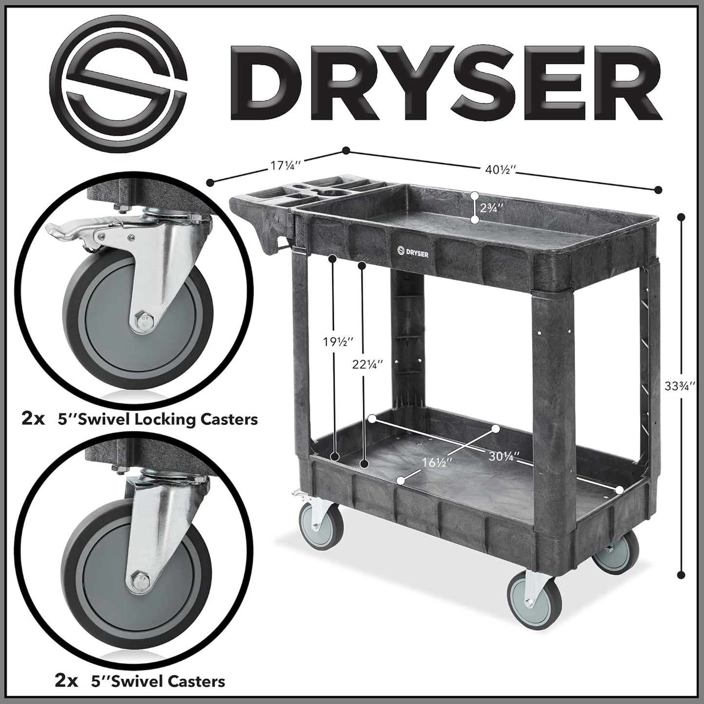 Dryser Utility Cart with Wheels, 40" x 17" Heavy Duty 550 lb. Capacity with Shelves - 2 Tier