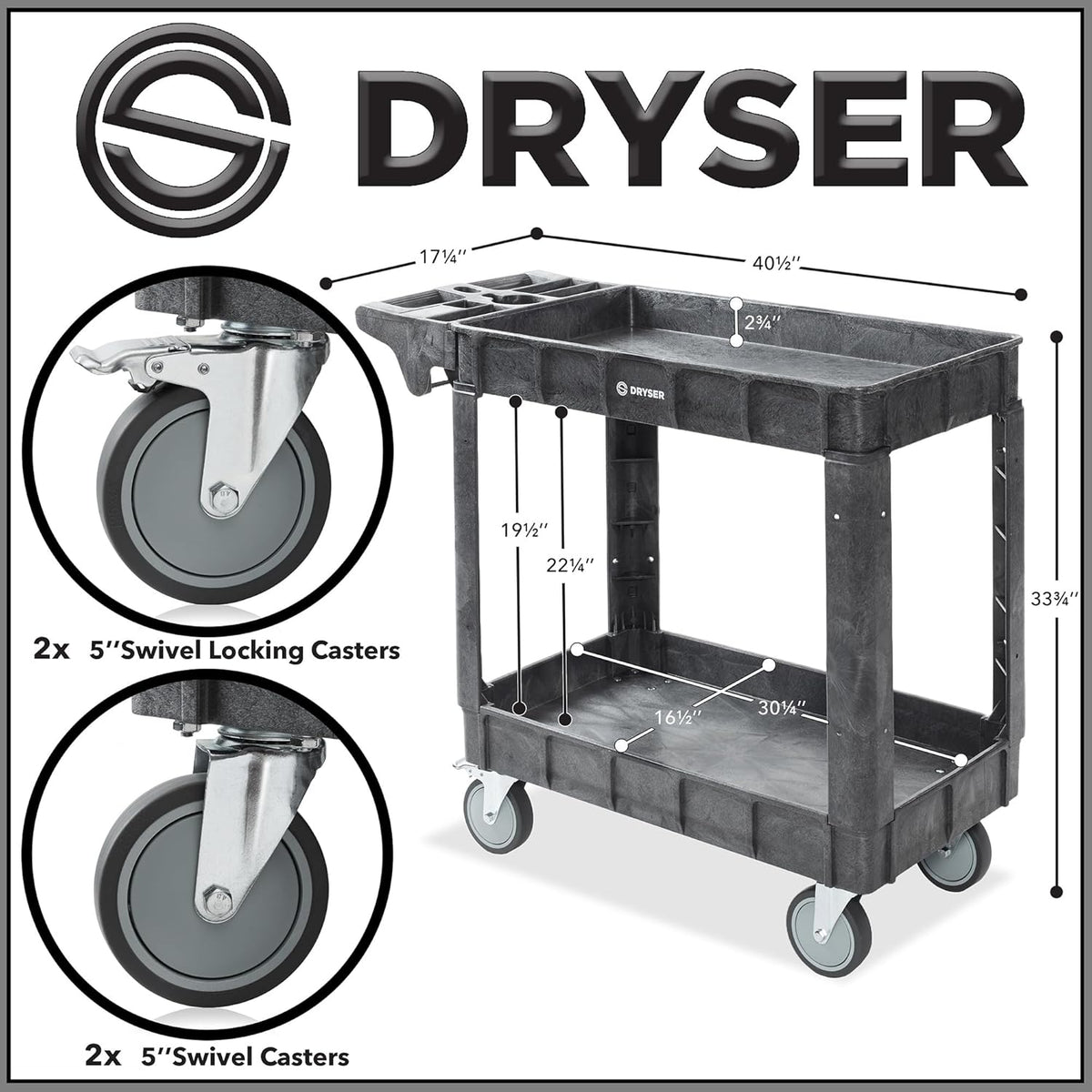 Dryser Utility Cart with Wheels, 40" x 17" Heavy Duty 550 lb. Capacity with Shelves - 2 Tier