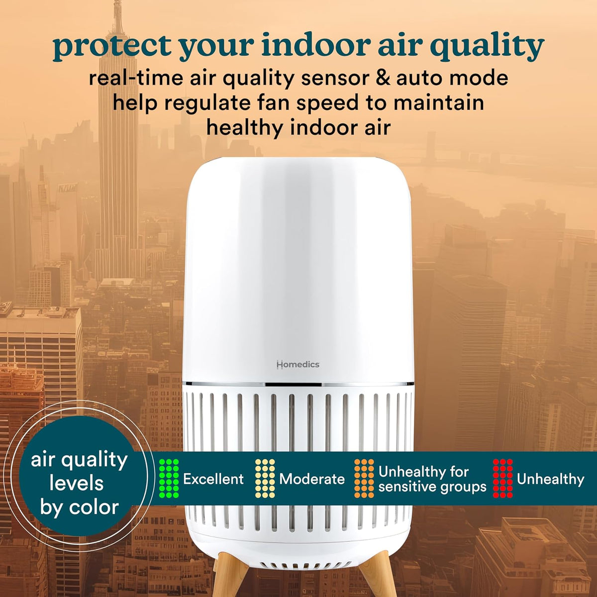 Homedics Smart Air Purifier 4-in-1 Tower for Large Rooms, Up To 1570 sq ft, True HEPA Filtration