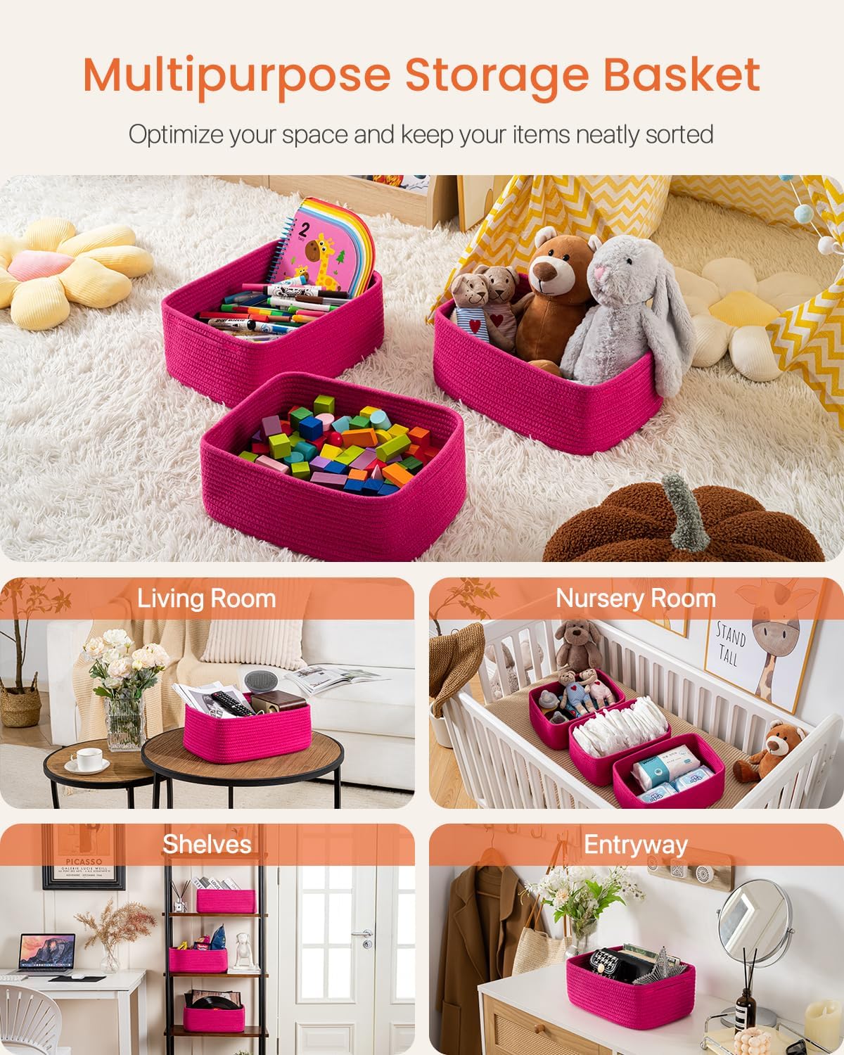 Small Woven Basket, 13.5 x 9.5 x 5 Inches, Storage Basket for Organizing, Cute Small Rope Shelf