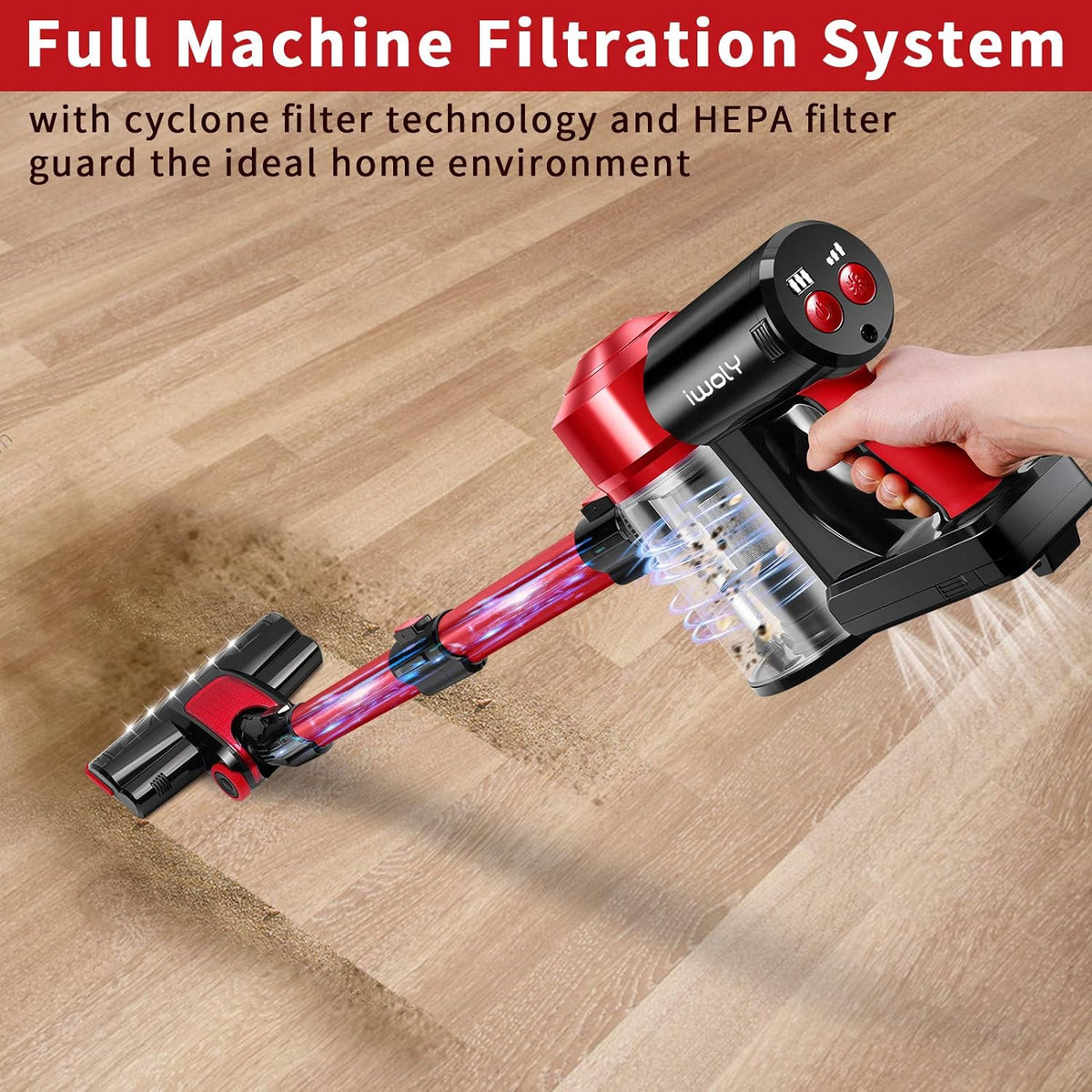 iwoly C150 Cordless Vacuum Cleaner Rechargeable with 2200mAh Detachable Battery, 18000Pa Cyclone