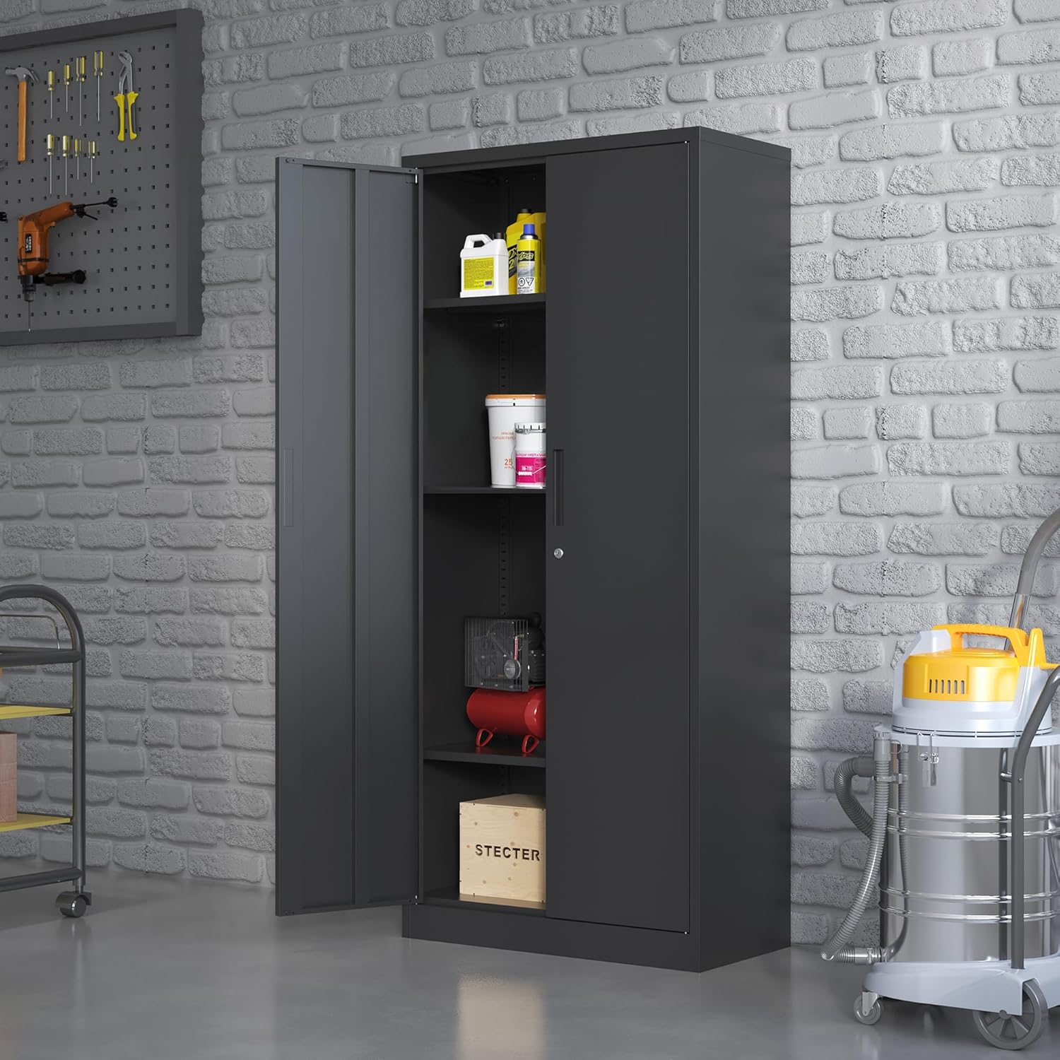 Metal Storage Cabinet with Adjustable Shelves, Garage Tool Cabinet with 2 Lockable Doors for