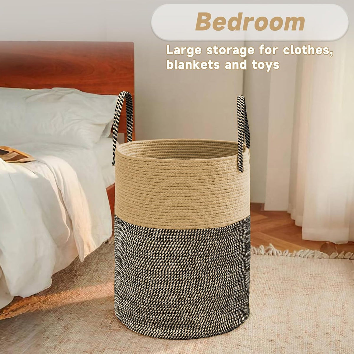 Large Woven Laundry Basket Hamper,60L Cotton Rope Storage Bin for Blankets,Toys and