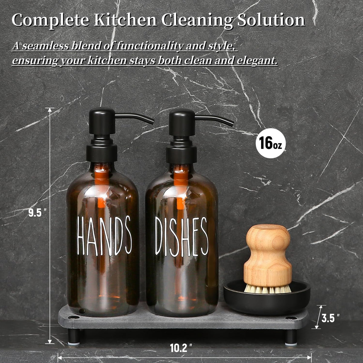 MOMEEMO Amber Glass Soap Dispenser Set Comes with Stainless Steel Pumps, Instant Dry Tray, and Dish