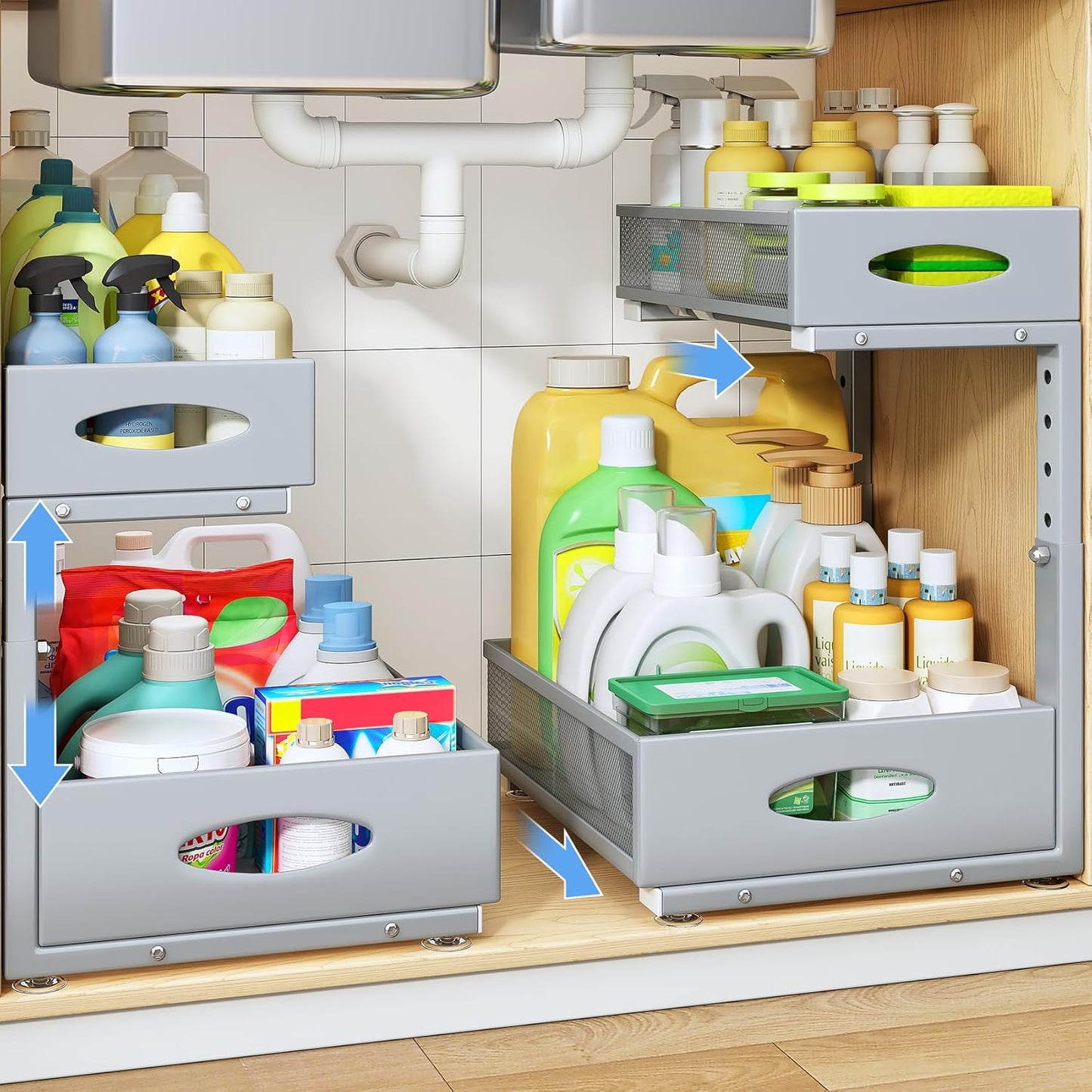 Under Sink Organizer, 2 Tier Pull Out Under Cabinet Organizer Shelf with Pad for Framed Cabinets