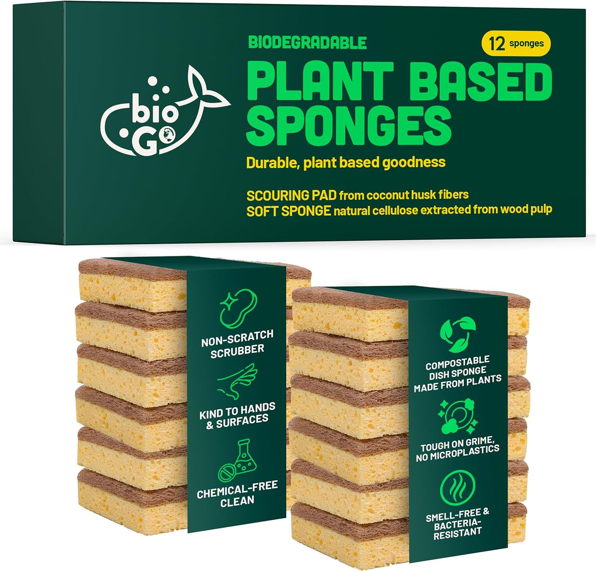 bioGo 12 Pack Biodegradable Kitchen Sponges - Eco-Friendly, Compostable, Natural Cellulose Dish