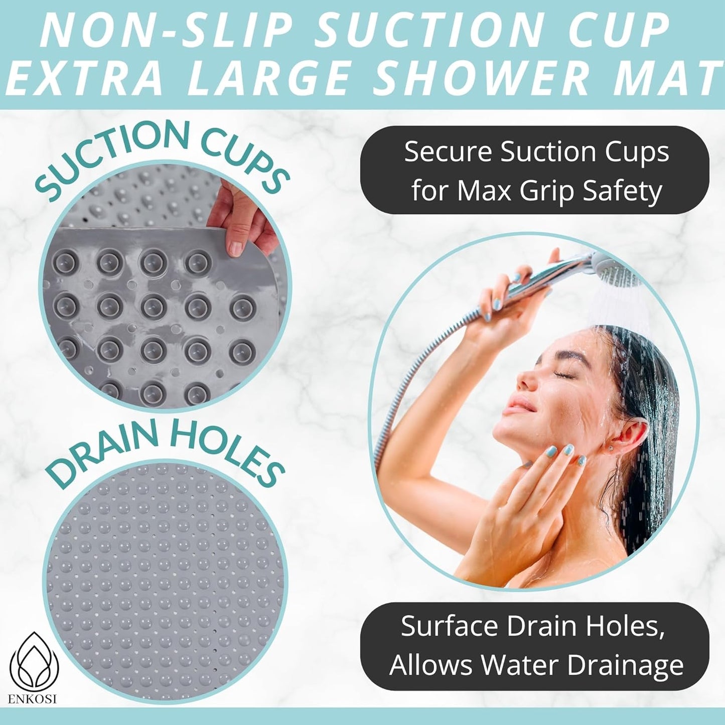 ENKOSI Extra Large Shower Mat Non Slip - 47 x 32 inch - XL Bathroom Shower Mat - Large Shower Matts