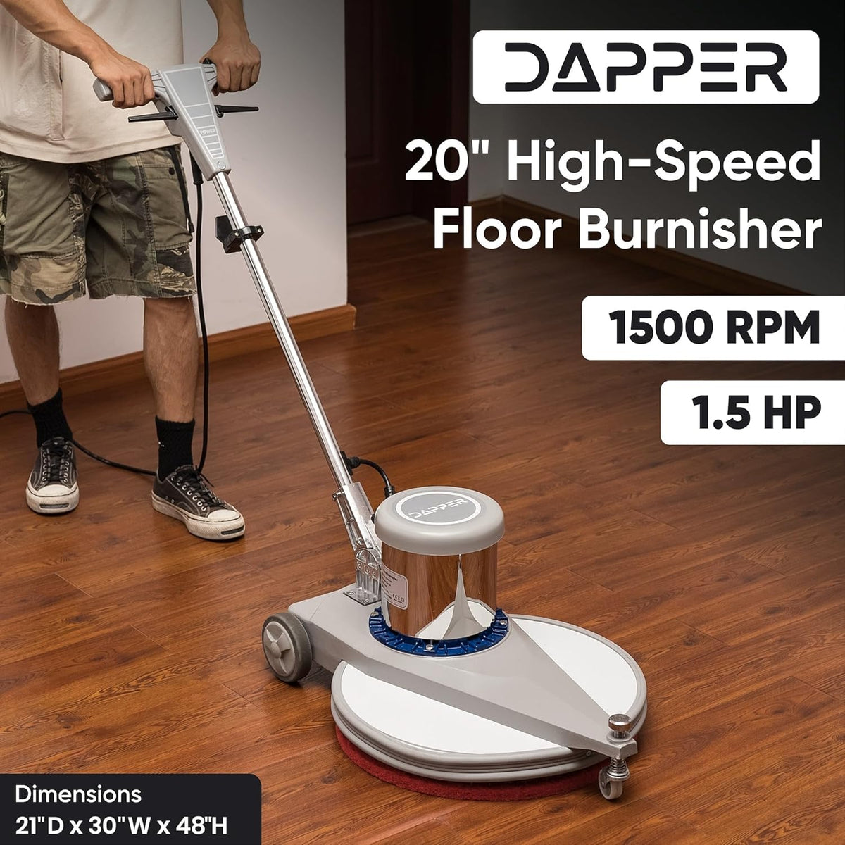 20" High-Speed Commercial Floor Burnisher, 1.5 HP, 1500 RPM, 40ft Cord, Rubber Bumper Guard, with