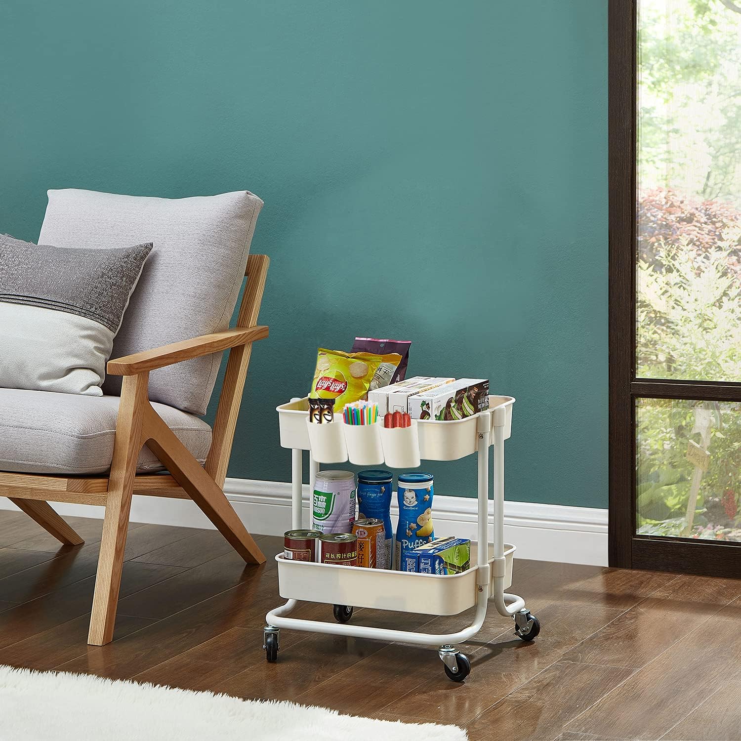 2-Tier Utility Rolling Cart Storage Sofa Side Table with Wheels, Mobile Trolley Organizer with for