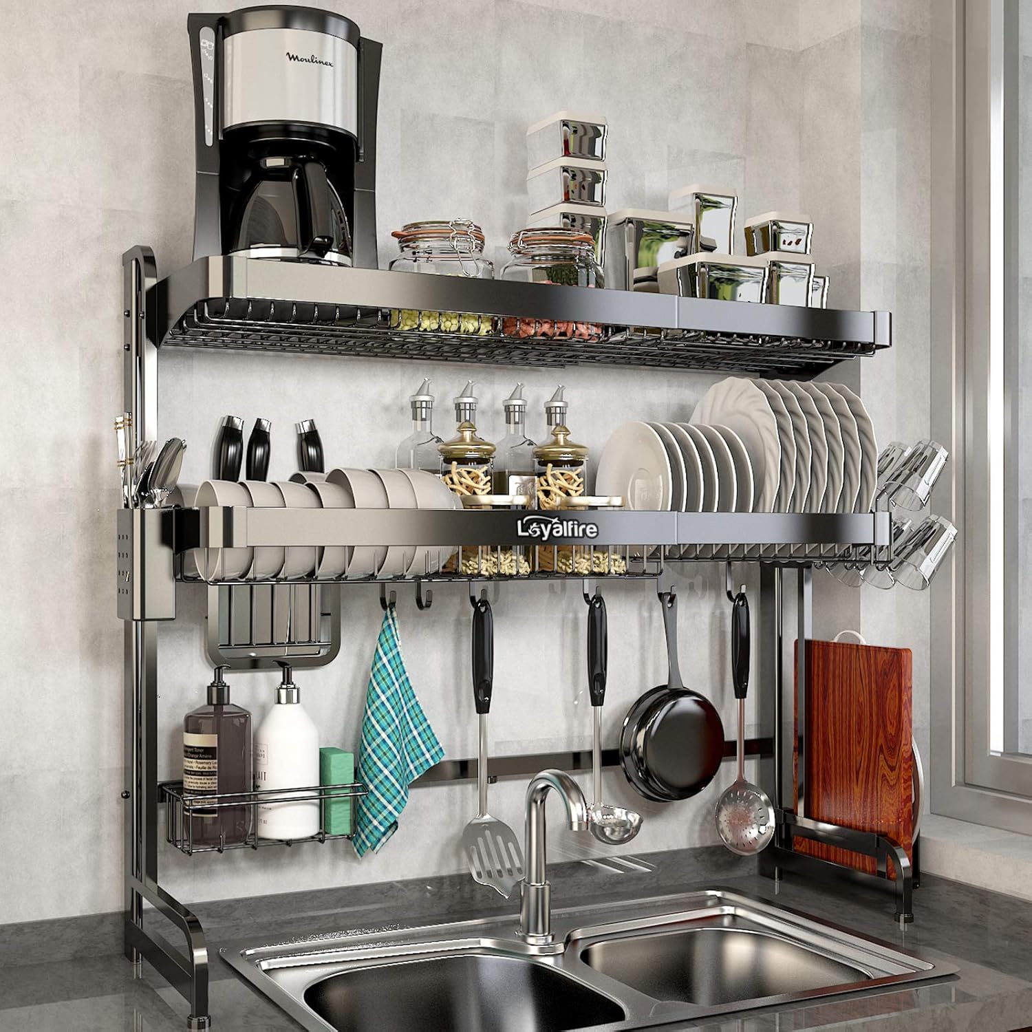 Over Sink Dish Drying Rack, 3 Tier Adjustable Length (20.87'' to 37.6'') Full Stainless Steel Large