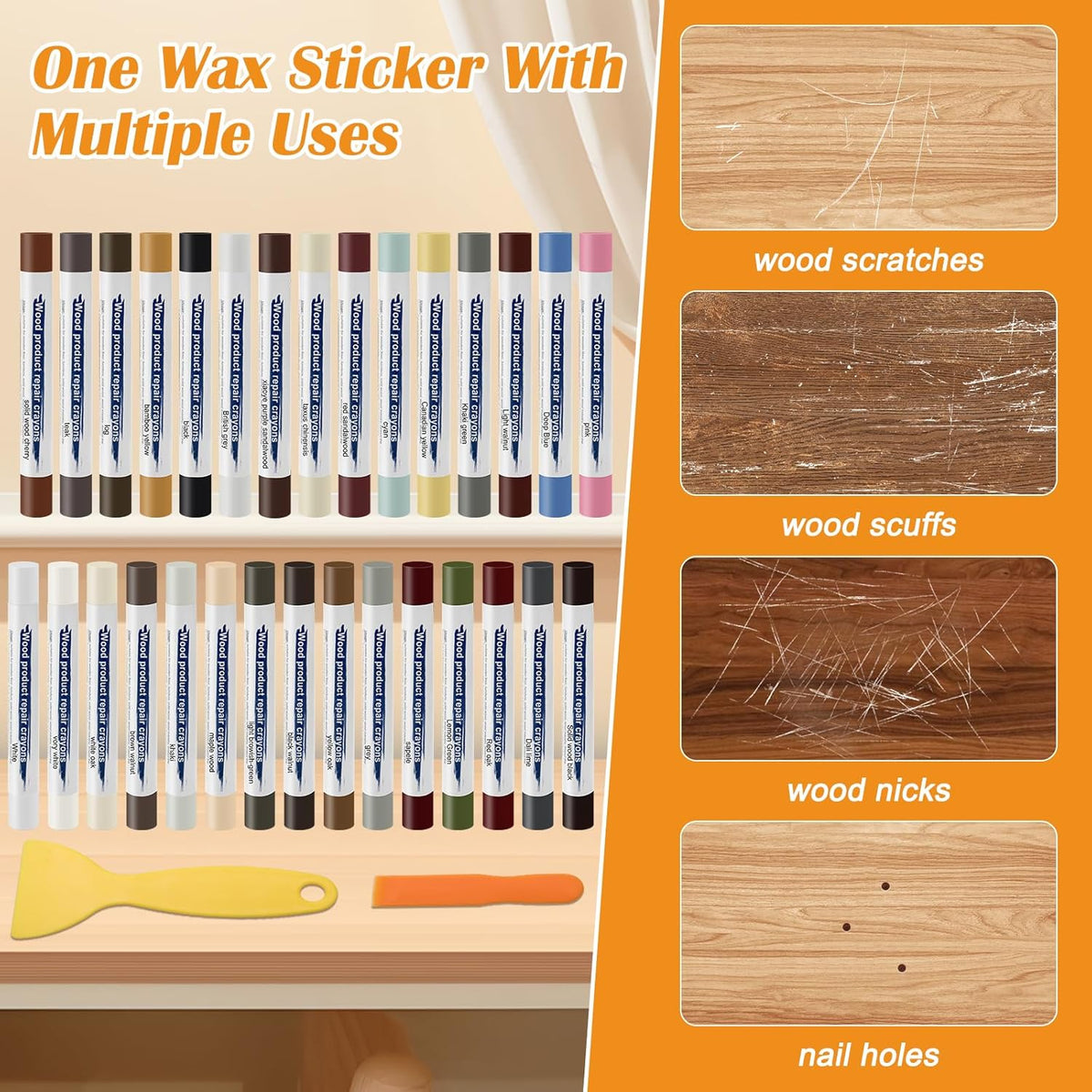 30+2P Wood Filler Sticks, Windspeed 30 Colos Wood Filler Putty Wax Crayons Furniture Repair Kit