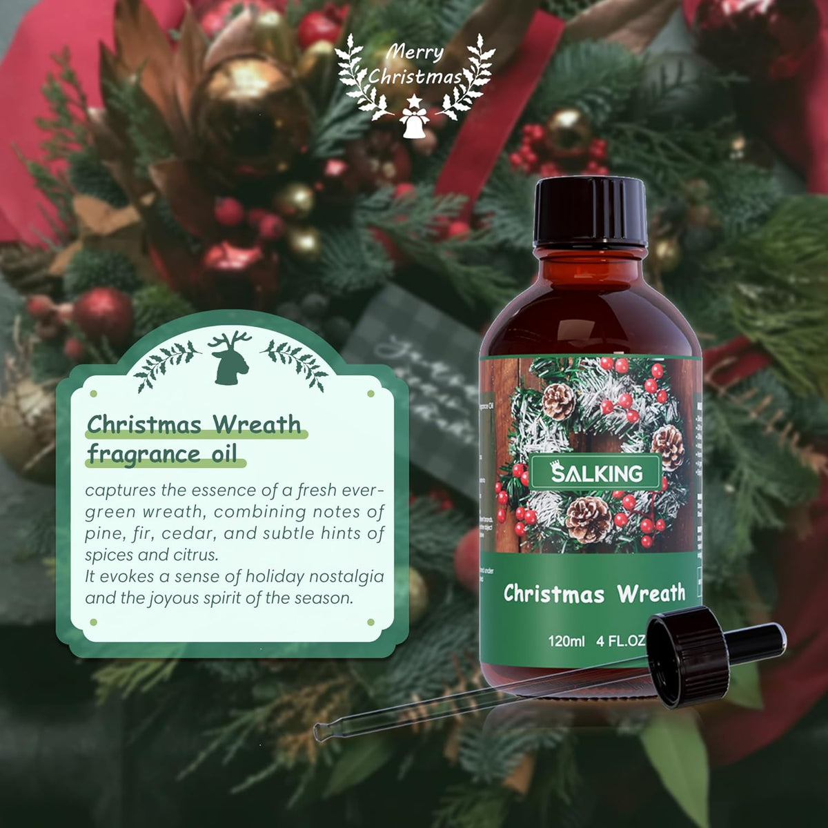 SALKING Christmas Wreath Fragrance Oil, 120ml (4 Fl Oz) Premium Essential Oils for Diffuser, Candle