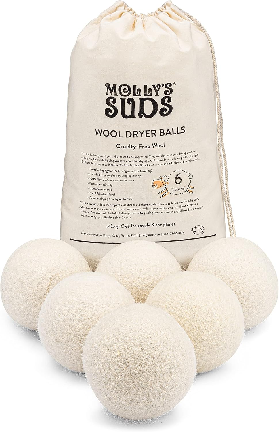 Molly's Suds Wool Dryer Balls | XL, Premium Organic Fabric Softener, Hypoallergenic, Hand-Felted