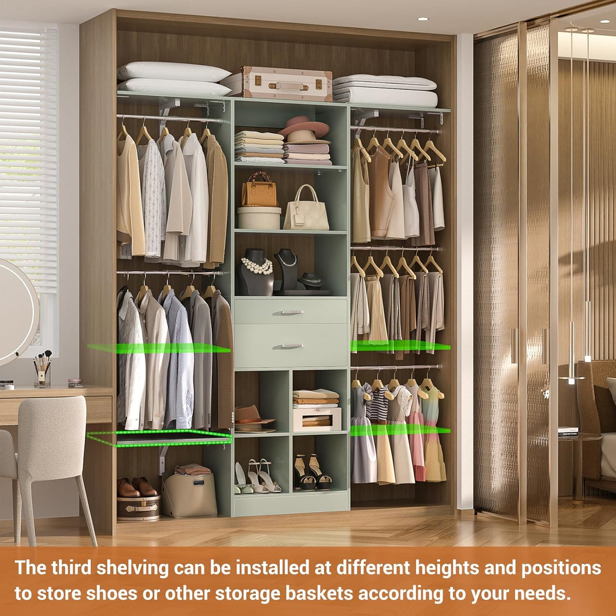 5FT Small Closet System, Baby Closet Organizer System with Wooden Drawers, 60 Inches Walk in Closet