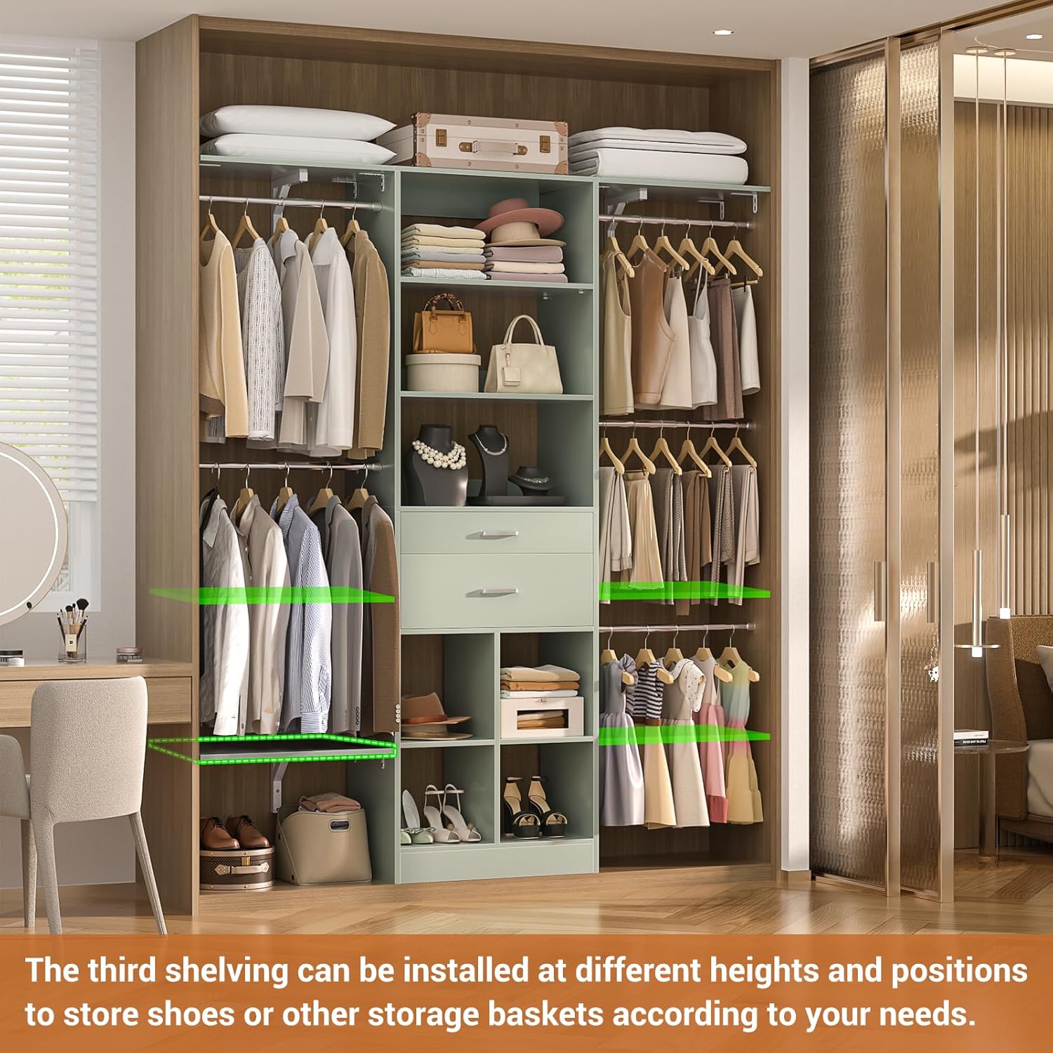 5FT Small Closet System, Baby Closet Organizer System with Wooden Drawers, 60 Inches Walk in Closet