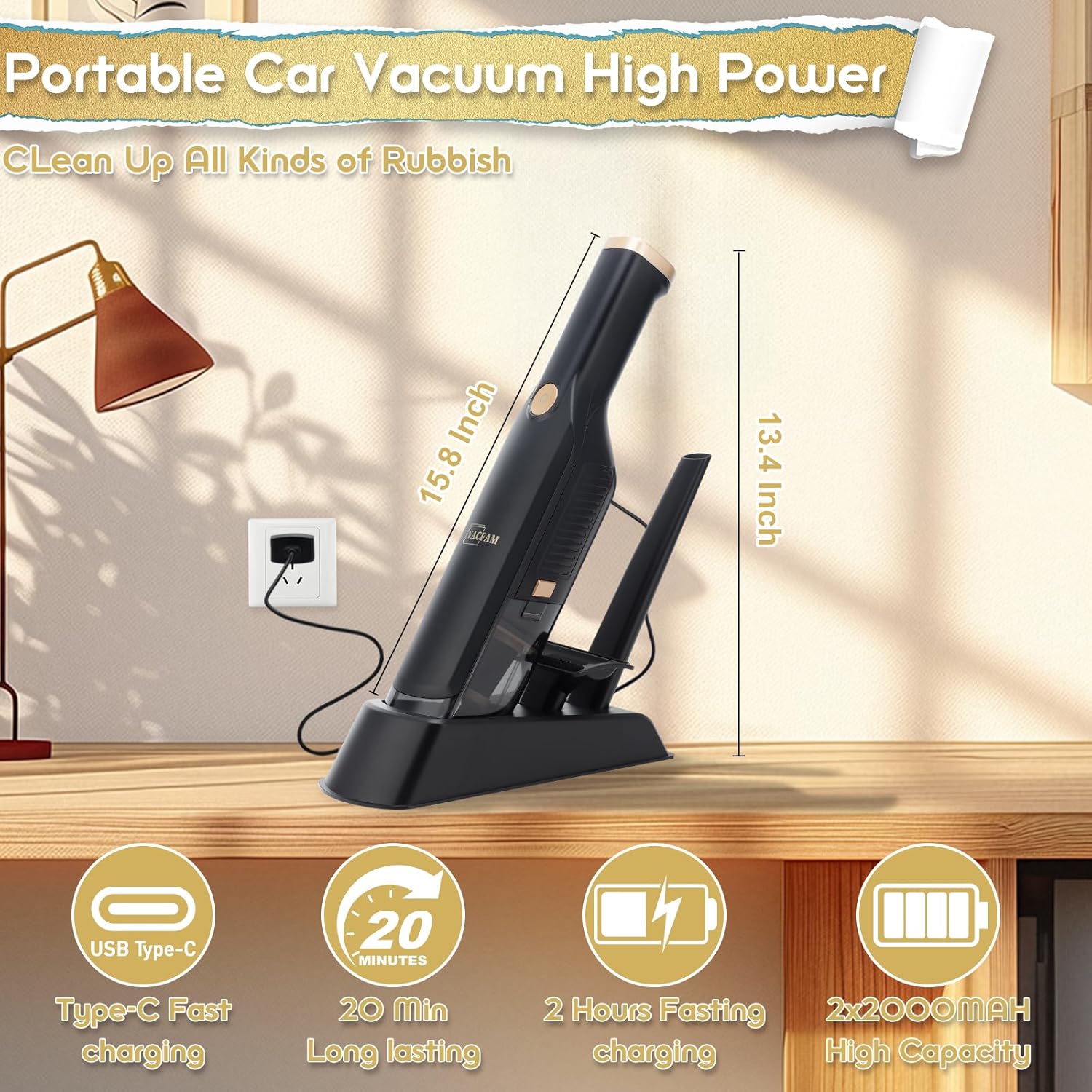 Handheld Vacuum Cordless, High Power Suction, USB Quick Charge, Car Vacuum Cleaner with Storage