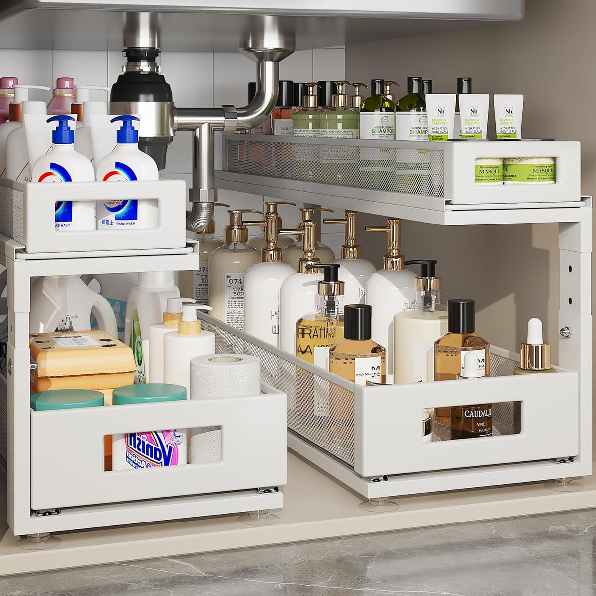 2 Pack 21.3IN-Depth Under Sink Organizer With Next-Gen Ball-Bearing Slides,2-Tier Pull Out Cabinet