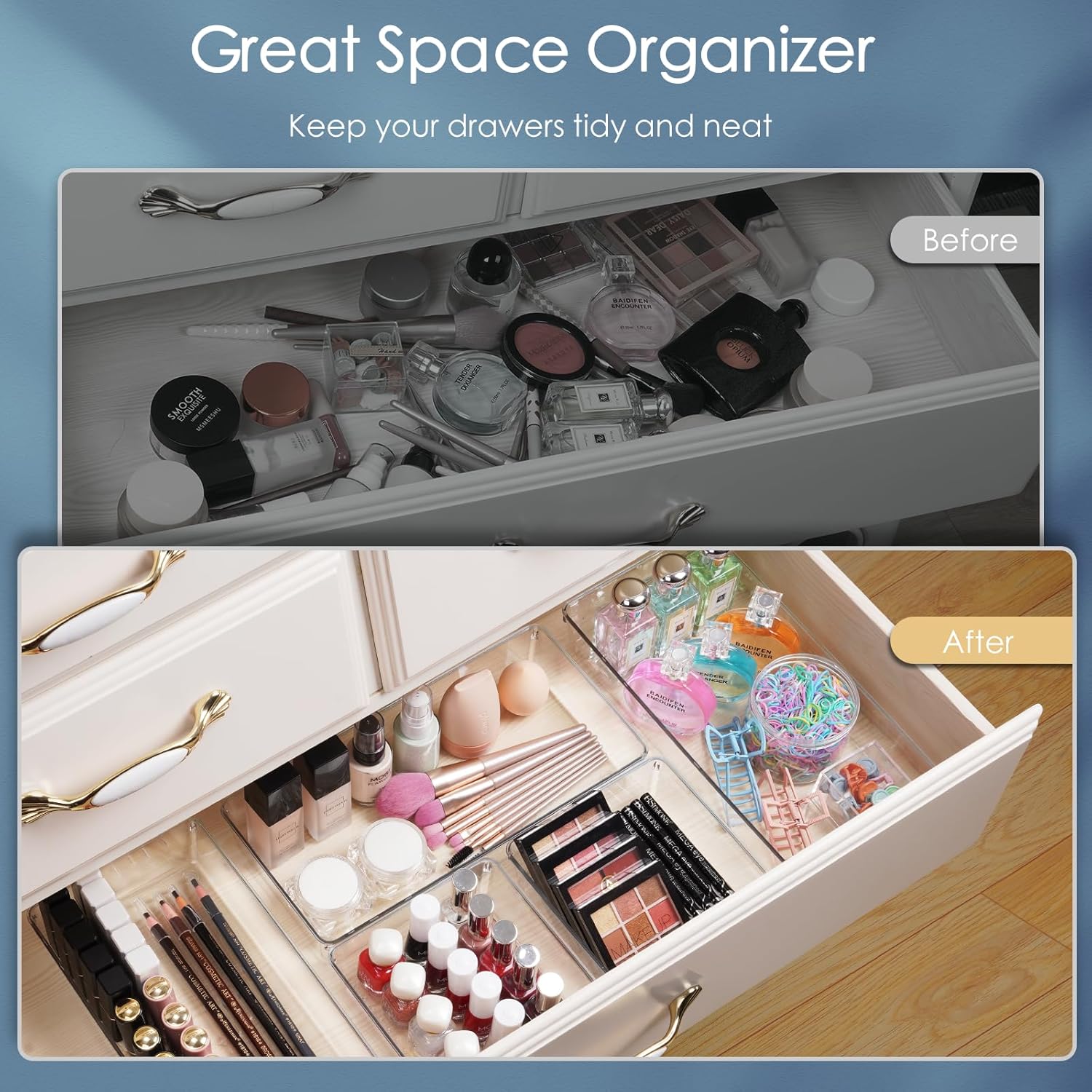 12 Pack Large Clear Plastic Drawer Organizer Set, Acrylic Bathroom Organizer Vanity Trays Dividers