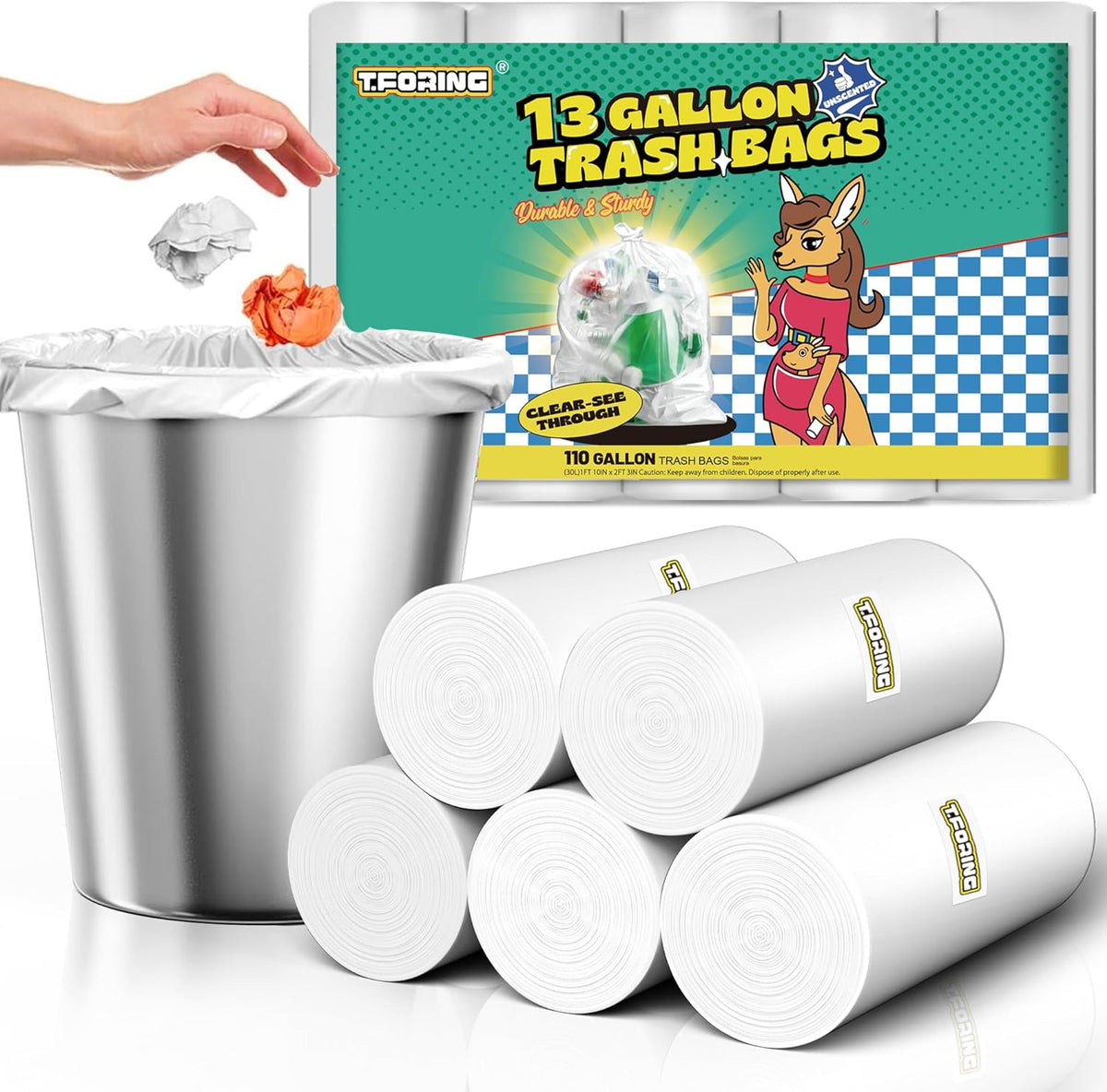 13 Gallon Tall Kitchen Trash Bags - 110 Count Clear Plastic Garbage Bags Unscented Trash Can Liners