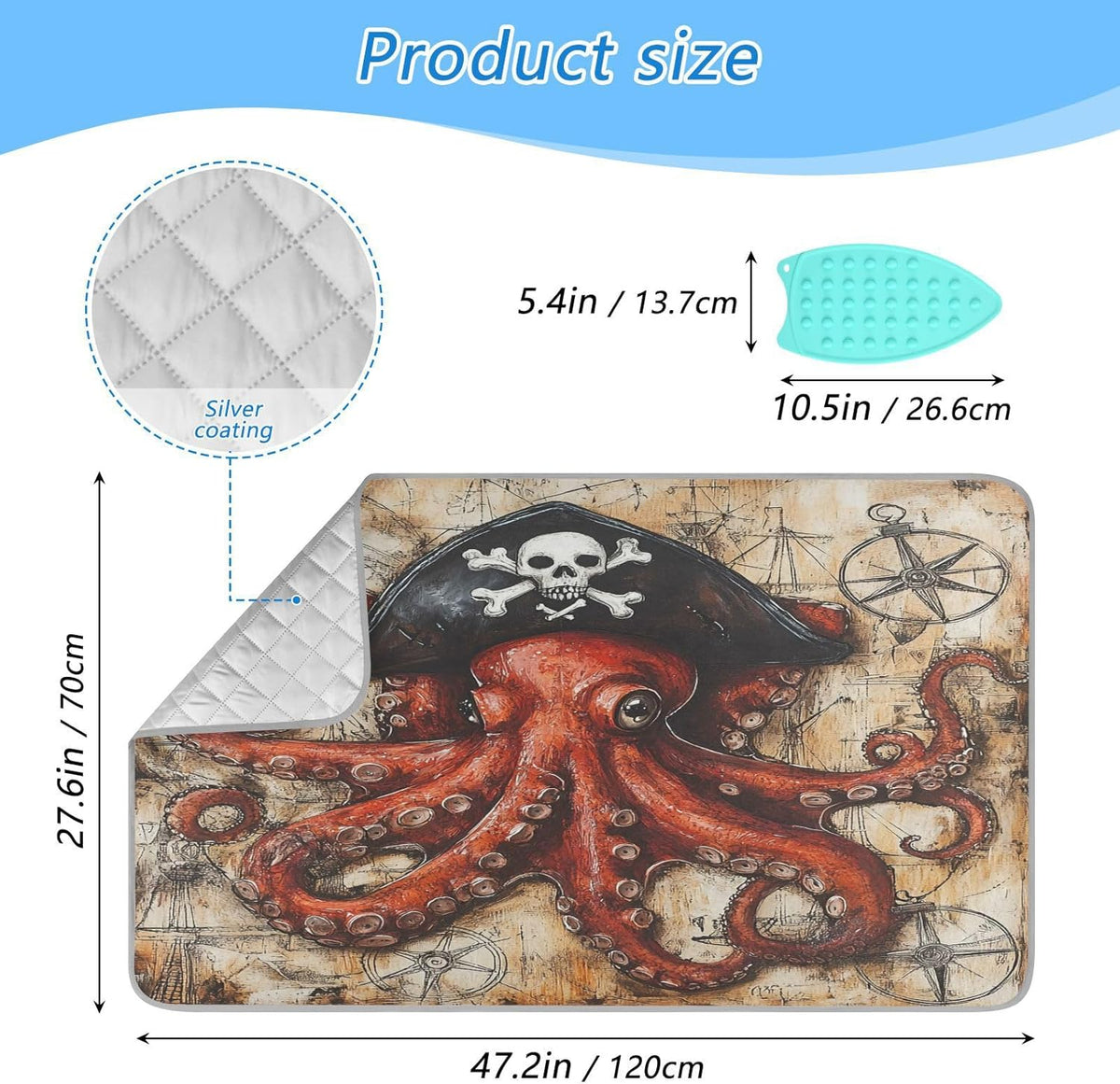 Octopus Pirate and Compass Ironing Mat for Table top Portable Ironing Pad Blanket for Washer Dryer