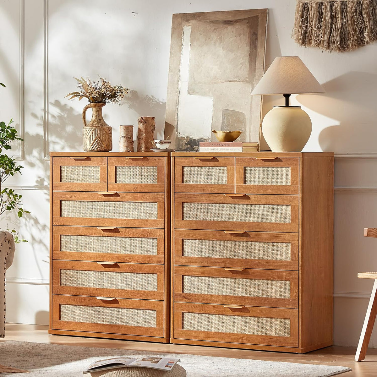 LEYAOYAO Rattan Dresser for Bedroom, 42" Tall Chest of Drawers, Modern 6 Drawers Boho Dressers with