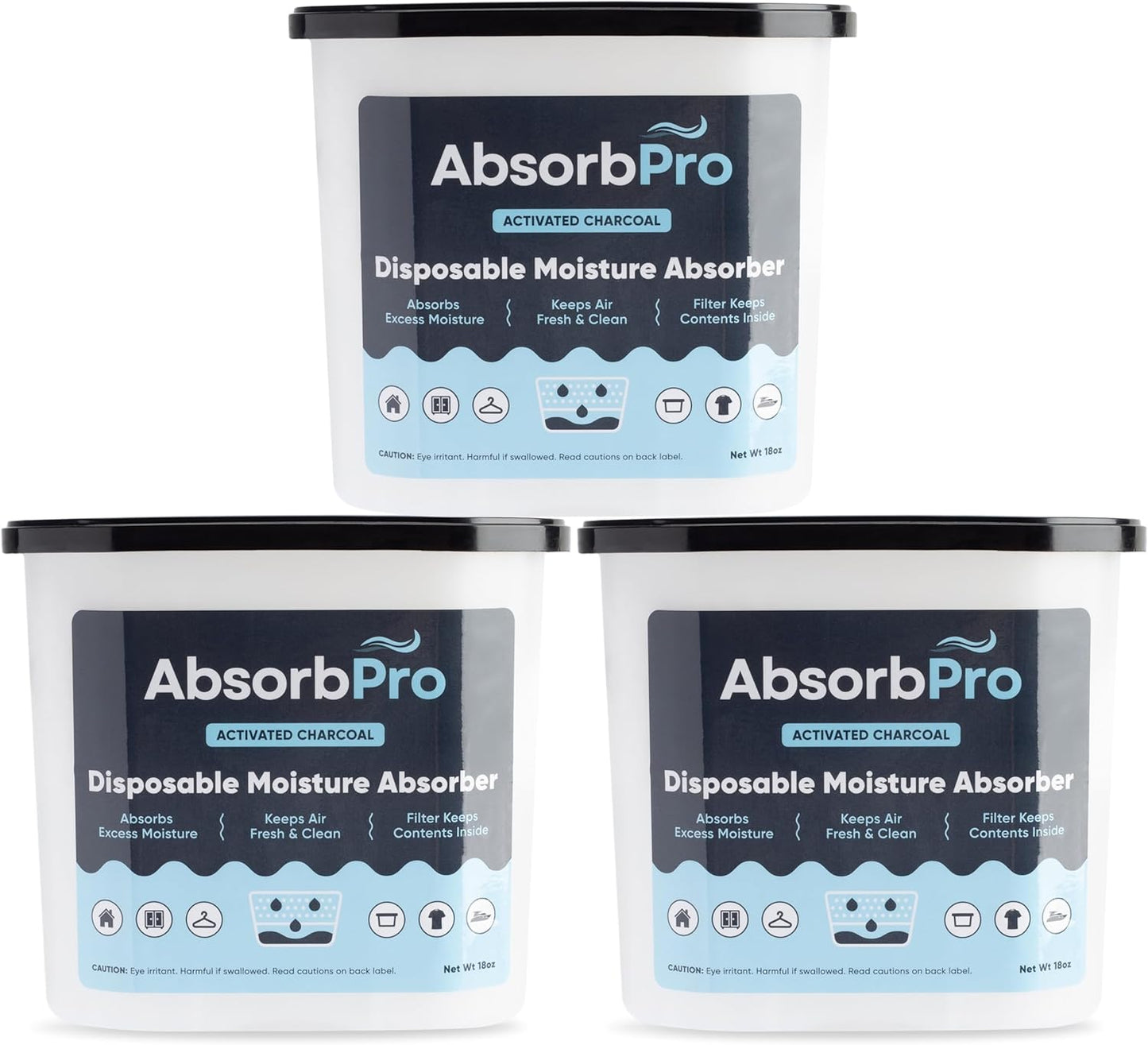 Moisture Absorber Tub with Activated Charcoal - 3-Pack - 18 oz Disposable Odor Eliminator Box &