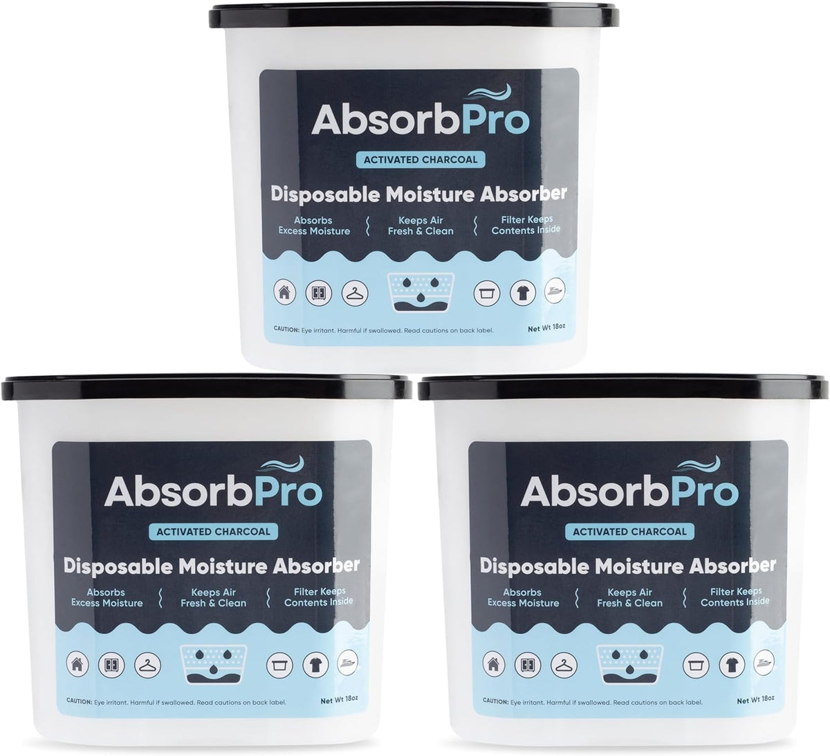 Moisture Absorber Tub with Activated Charcoal - 3-Pack - 18 oz Disposable Odor Eliminator Box &