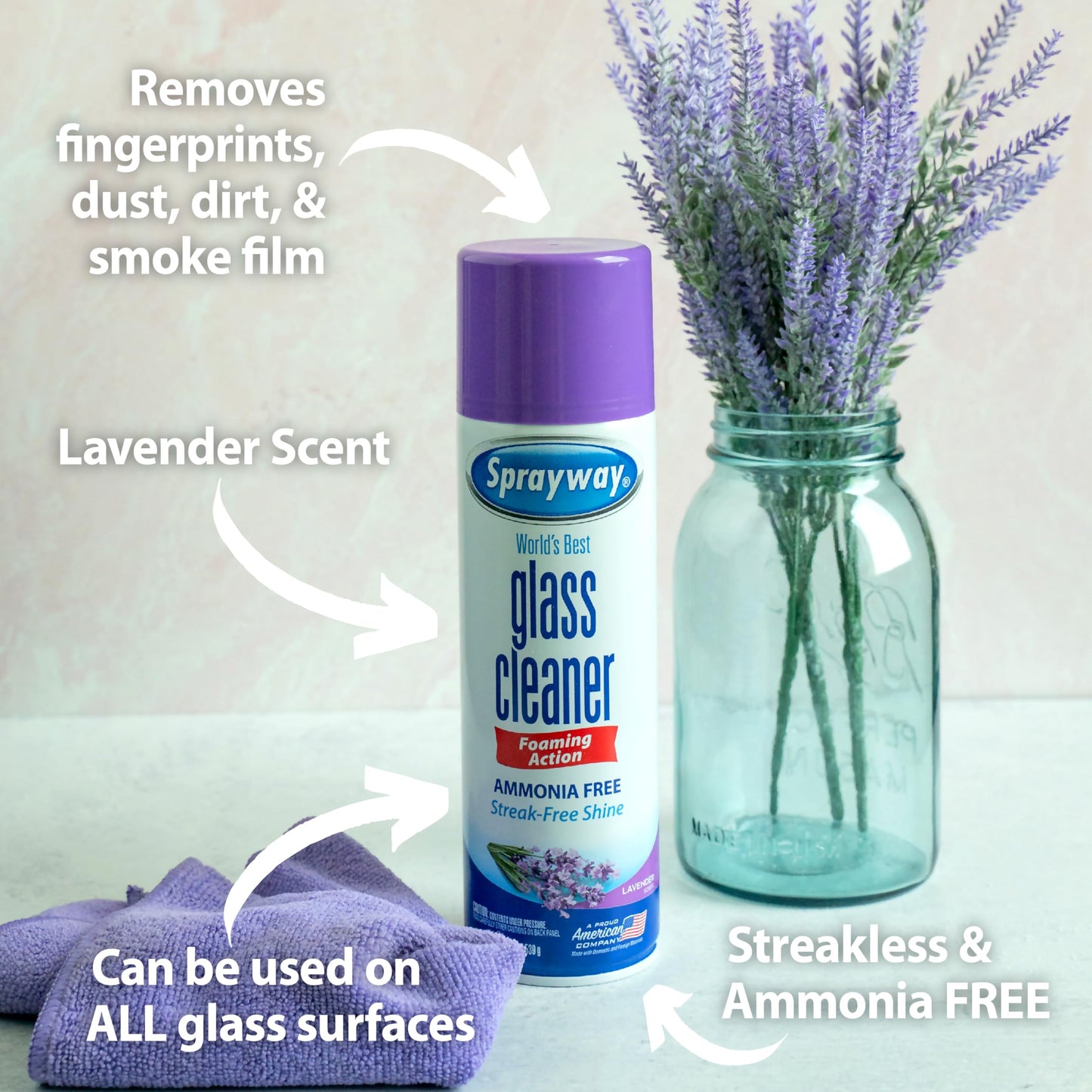 Sprayway Glass Cleaner Lavender Scent Foaming Aerosol Spray, 19oz, Pack of 6 | Ammonia-Free