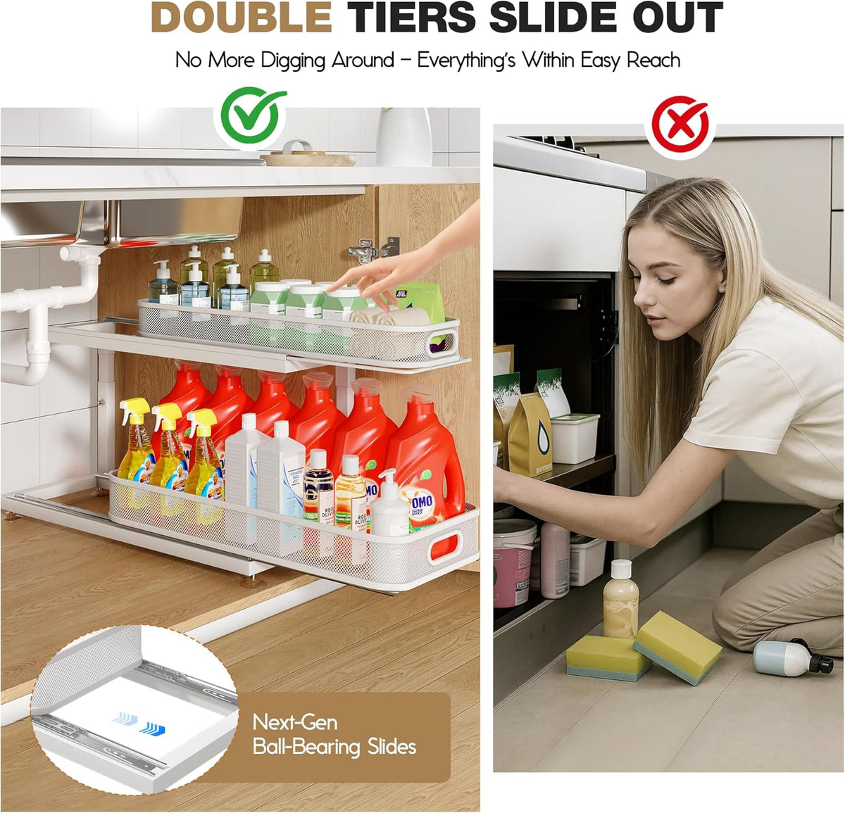 2-Pack 21.3 IN Depth Under Sink Organizer With Next-Gen Ball-Bearing Slides,Sophisticated Mesh