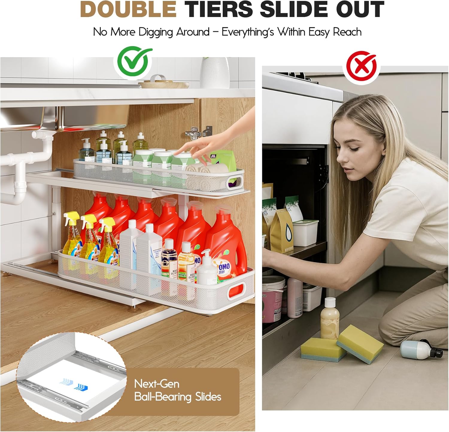 2-Pack 21.3 IN Depth Under Sink Organizer With Next-Gen Ball-Bearing Slides,Sophisticated Mesh