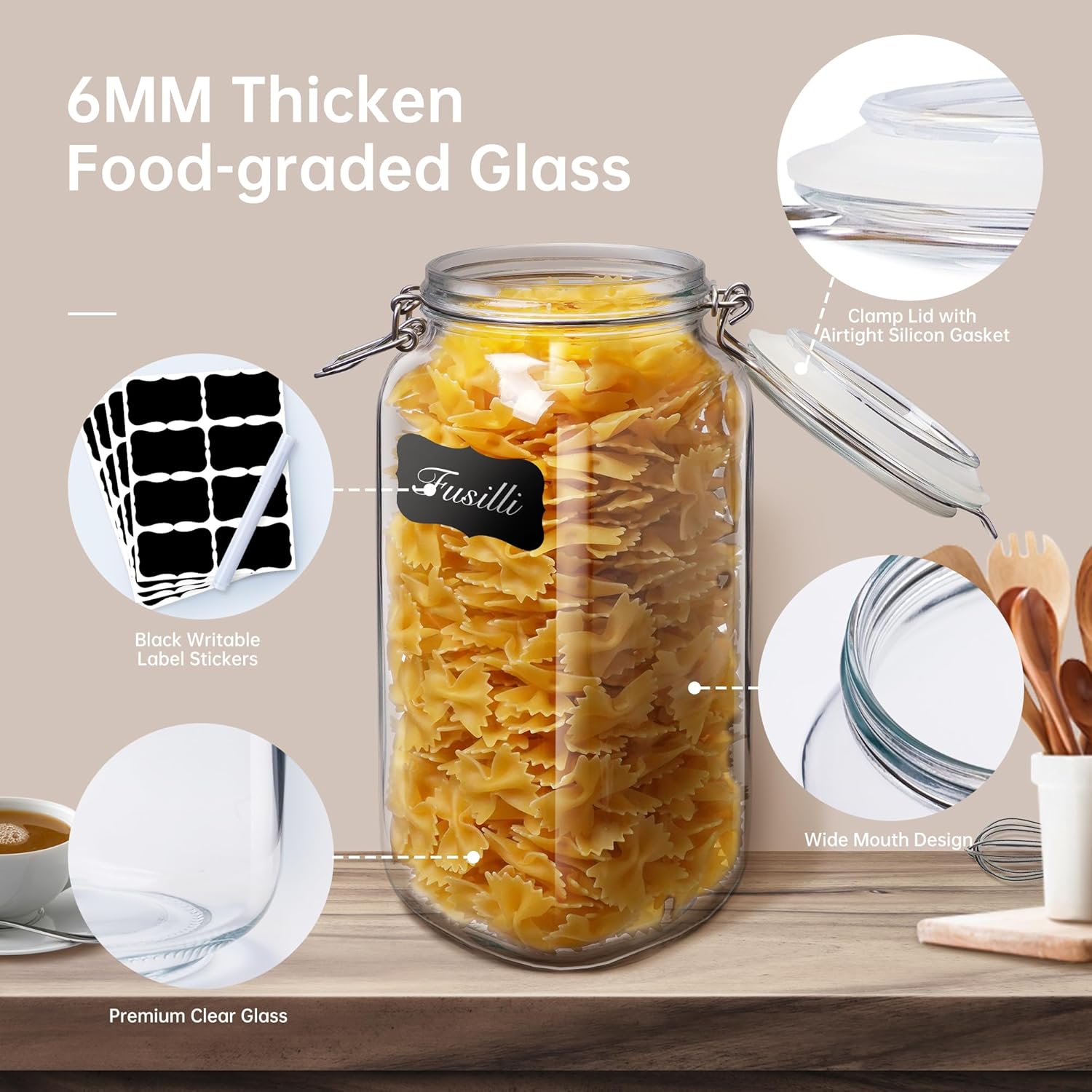 Square Glass Jars with Airtight Lid Set of 3, 50 floz Wide Mouth Mason Jars with Clamp Lids,Glass