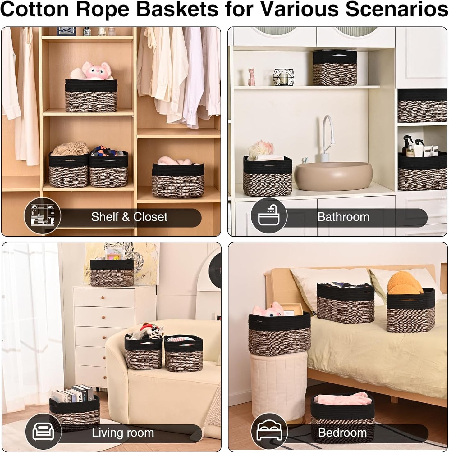 Small Storage Baskets for Organizing Shelves, Cotton Rope Basket for Storage, Cute Rectangular Book