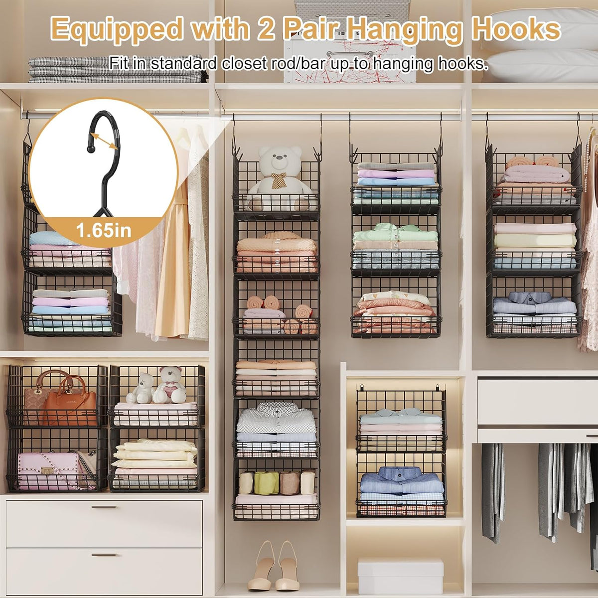 6 Tier Closet Hanging Organizer, Clothes Hanging Shelves with 4 Hanging Hooks 5 S Hooks, Wire
