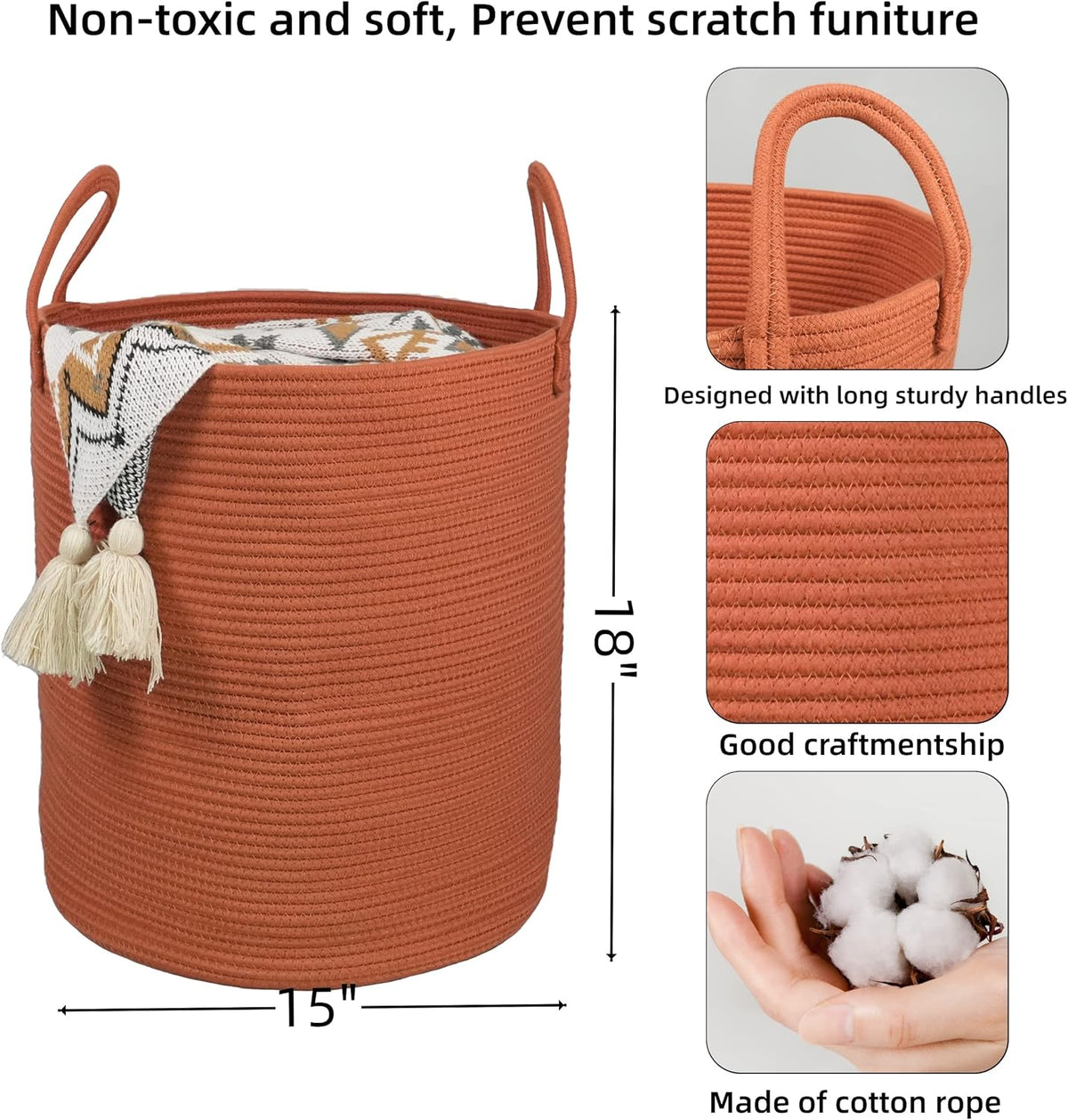 Cotton Rope Laundry Basket Hamper for Clothes Woven Storage Basket for Living Room Bedroom Boho