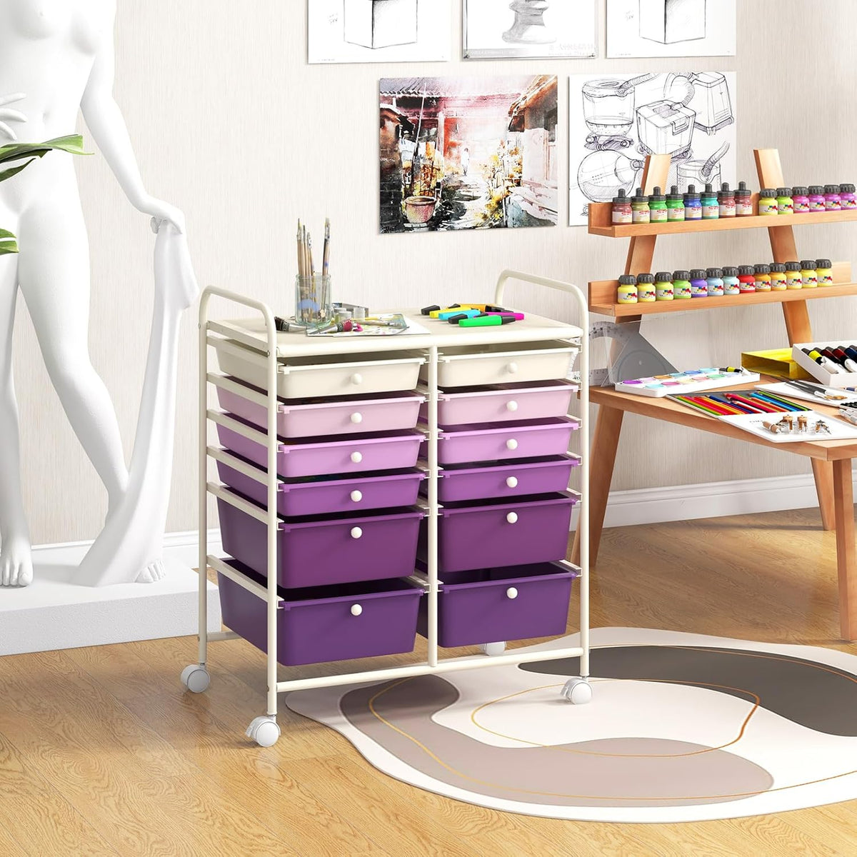 GOFLAME 12-Drawer Rolling Storage Cart, Multipurpose Organizer Cart with 2 Sizes Plastic Drawers