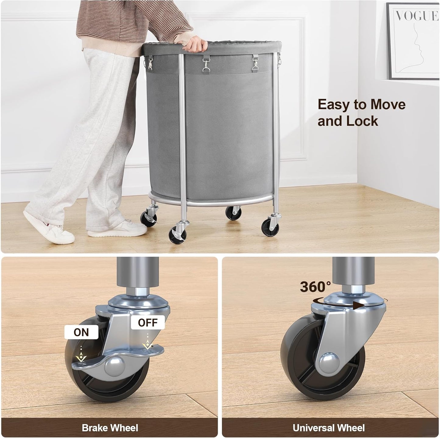 ELYKEN Laundry Basket with Wheels, 45 Gallons Rolling Laundry Hamper with Removable Bag and Steel