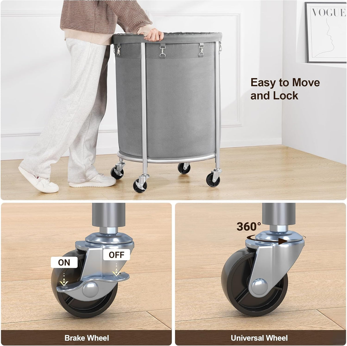 ELYKEN Laundry Basket with Wheels, 45 Gallons Rolling Laundry Hamper with Removable Bag and Steel